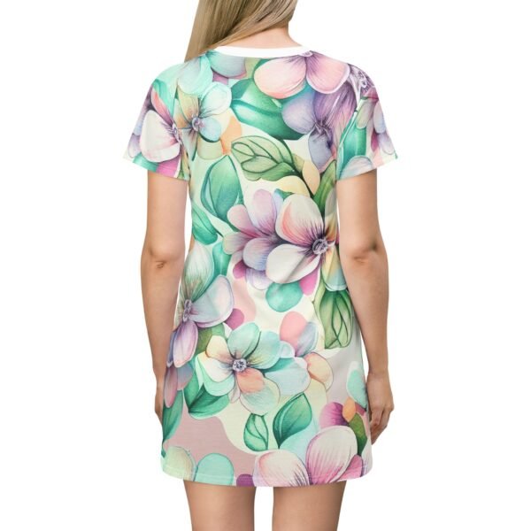 Pastel Floral T-Shirt Dress, Women's Casual Summer Mini Dress, Spring Flower Print Tee Dress, Lightweight Boho Dress, Short Sleeve Tunic - Image 6