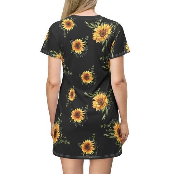 Sunflower T-Shirt Dress, Black Floral Casual Sundress, Flower Print Tee Dress - Image 4