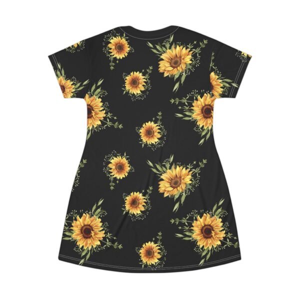 Sunflower T-Shirt Dress, Black Floral Casual Sundress, Flower Print Tee Dress - Image 3