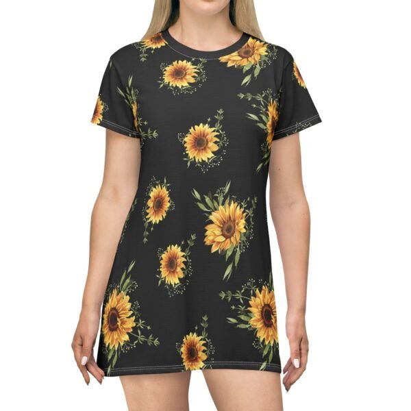 Sunflower T-Shirt Dress, Black Floral Casual Sundress, Flower Print Tee Dress