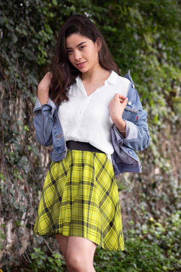 Yellow Plaid Skater Skirt, Checkered High Waisted A-Line Mini Skirt, Women's Fashion Apparel, Retro Style Clothing, Vintage Inspired Outfit - Image 3