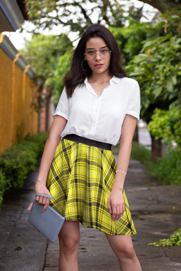 Yellow Plaid Skater Skirt, Checkered High Waisted A-Line Mini Skirt, Women's Fashion Apparel, Retro Style Clothing, Vintage Inspired Outfit