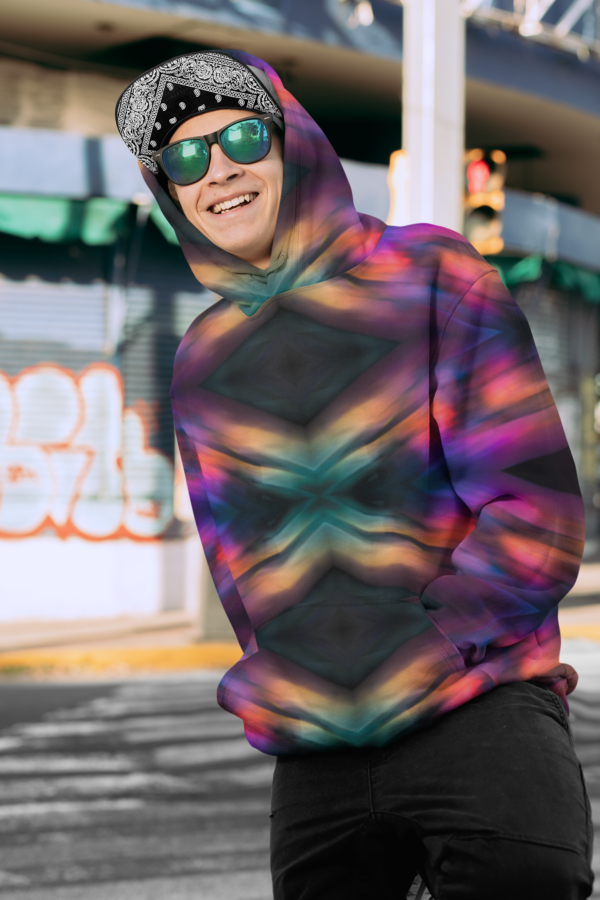 Geometrical Design Unisex Pullover Hoodie, Bright Pink Blue Black Stylish Hoodie, Hooded Sweatshirt, Winter Fashion Gift, - Image 2