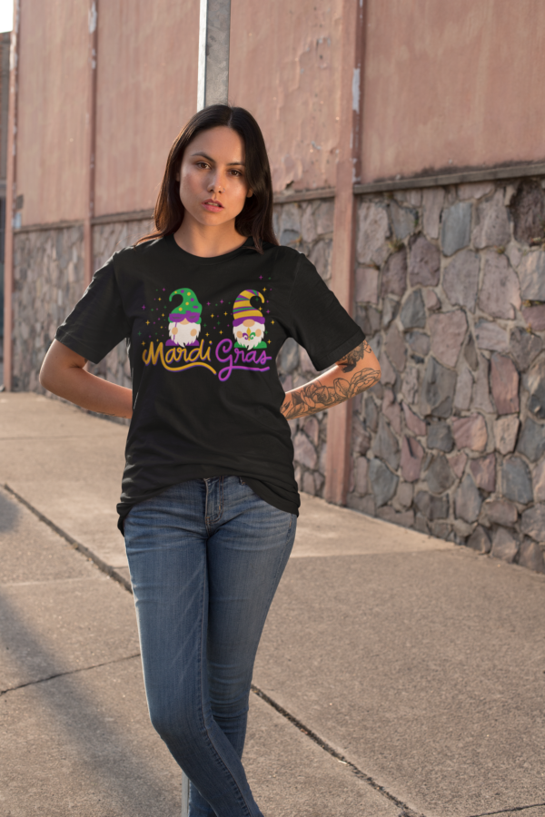 Mardi Gras Gnome Tshirt, Unisex Graphic Tee Shirt, Louisiana Celebration Top, Festive Parade Tee, Laissez les bon temps rouler Shirt