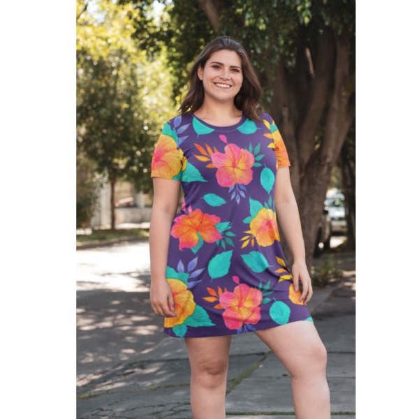 Tropical Flower T-Shirt Dress - Vibrant Floral Print, Summer Dress, Beach Cover Up, Resort Wear, Hawaiian Vacation Outfit - Image 3