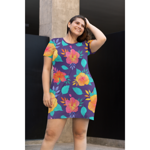 Tropical Flower T-Shirt Dress - Vibrant Floral Print, Summer Dress, Beach Cover Up, Resort Wear, Hawaiian Vacation Outfit - Image 2