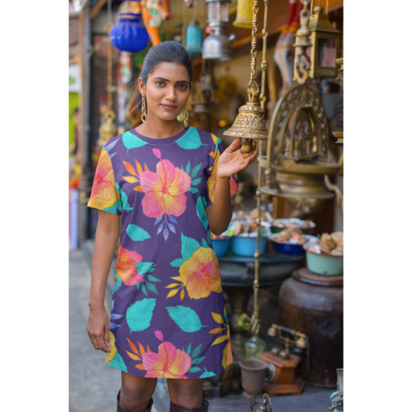 Tropical Flower T-Shirt Dress - Vibrant Floral Print, Summer Dress, Beach Cover Up, Resort Wear, Hawaiian Vacation Outfit