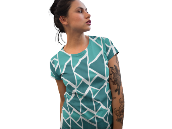 Geometric Women's Tee, Teal Turquoise Shirt, Trendy Short Sleeve Top, Graphic Pattern Blouse, Modern Fashion Apparel - Image 2