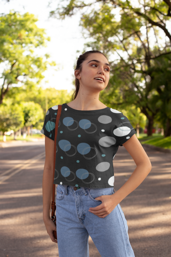 Circle Pattern Crop Tee, Blue and Black Crop Top, Adorable Crop Shirt, Trendy Cropped T-shirt, Cute Crop Blouse - Image 3