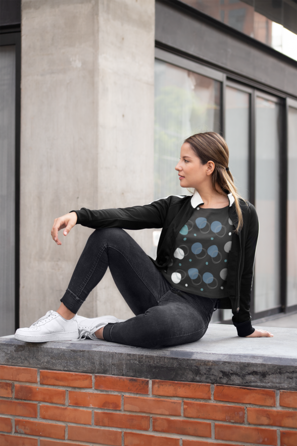 Circle Pattern Crop Tee, Blue and Black Crop Top, Adorable Crop Shirt, Trendy Cropped T-shirt, Cute Crop Blouse - Image 2