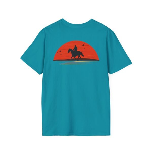 Men's horse riding into sunset Softstyle T-Shirt - Image 36