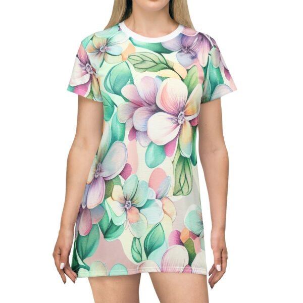 Pastel Floral T-Shirt Dress, Women's Casual Summer Mini Dress, Spring Flower Print Tee Dress, Lightweight Boho Dress, Short Sleeve Tunic - Image 5