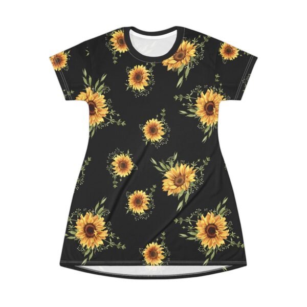 Sunflower T-Shirt Dress, Black Floral Casual Sundress, Flower Print Tee Dress - Image 2