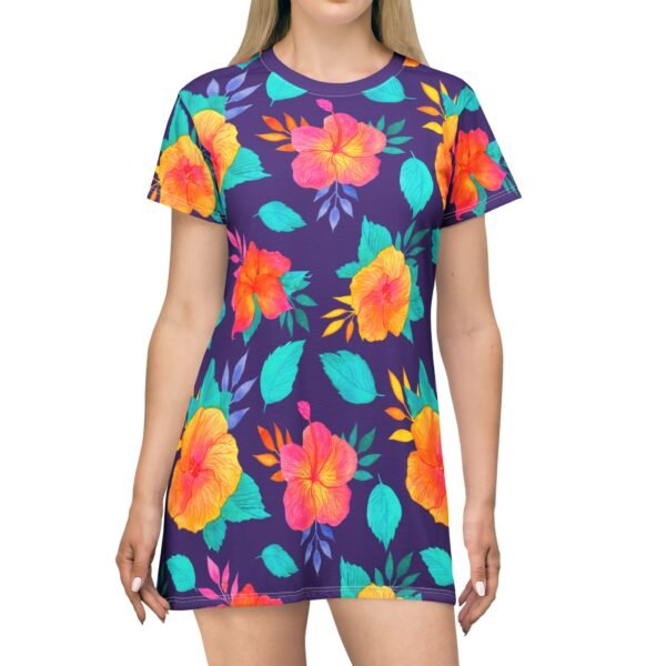 Tropical Flower T-Shirt Dress - Vibrant Floral Print, Summer Dress, Beach Cover Up, Resort Wear, Hawaiian Vacation Outfit - Image 4