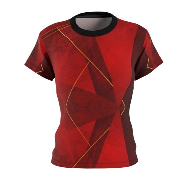 Geometric Print Tee, Red Gold Black Women's Tee, Abstract Design Shirt, Fashion Top, Casual Tee Shirt - Image 3