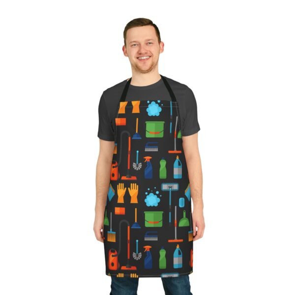 Apron, Cleaning Supplies Pattern Apron for Housekeeping, Colorful Kitchen Cooking Smock with 5-Color Straps, Home Cleaning Apron, - Image 3