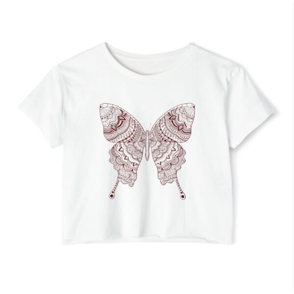 Crop Top, White Festival Crop Top with Red Butterfly Design, Women's Shirt, Summer Party Top, Boho Chic Clothing, Butterfly Graphic Tee, - Image 4