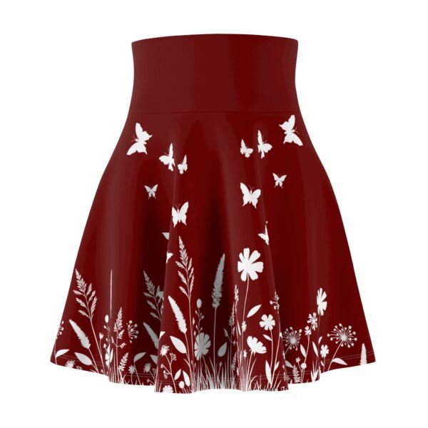 Skater Skirt, Dark Red Women's Skirt with White Garden and Butterflies, Floral A-Line Skirt, Butterfly Print Mini Skirt, Red Women's - Image 5