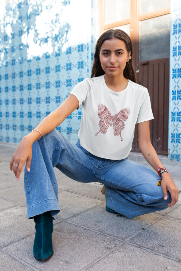 Crop Top, White Festival Crop Top with Red Butterfly Design, Women's Shirt, Summer Party Top, Boho Chic Clothing, Butterfly Graphic Tee, - Image 2