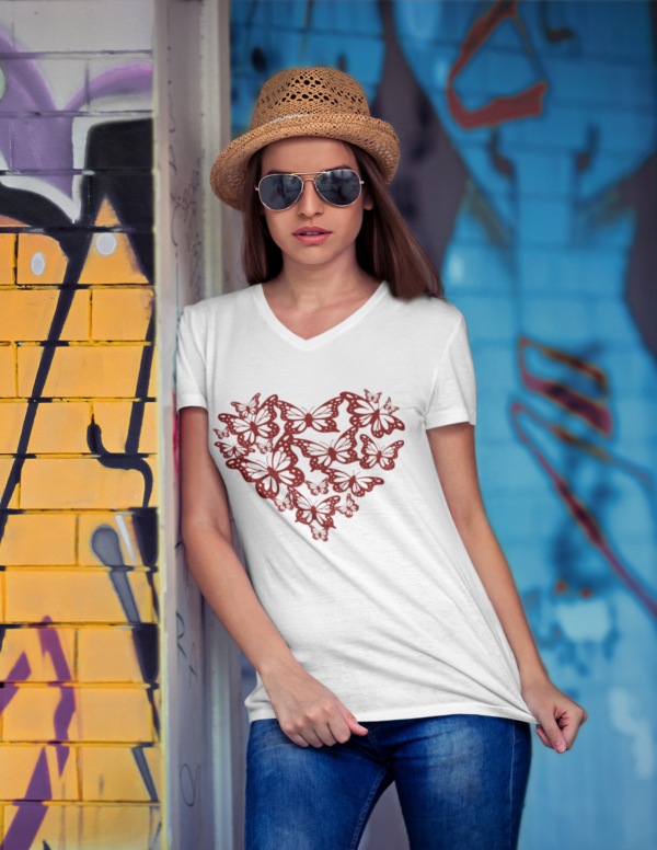 Butterfly Heart V-Neck Tee, Short Sleeve Shirt, Cute Butterfly Design, Summer Tee, Casual Top - Image 3