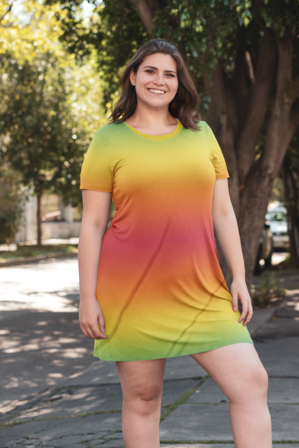 Rainbow Striped T-Shirt Dress, Spring Summer Fashion, Colorful Women's Clothing, Casual Beach Cover-Up, Vibrant Mini Dress - Image 3