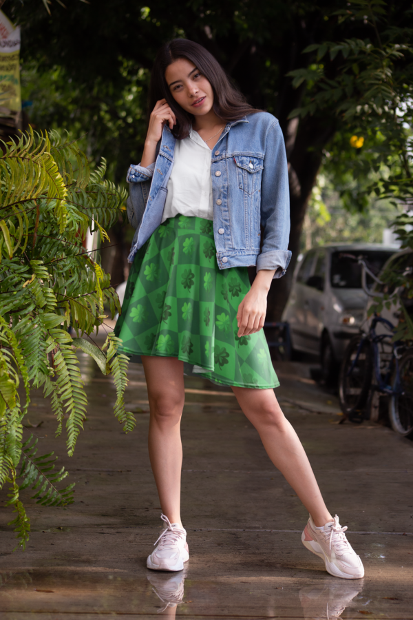 Shamrock Skater Skirt, St Patricks Day Women's Fashion, Lucky Clover A-Line Skirt, Green Holiday Apparel, Irish Festival Outfit, Spring - Image 2