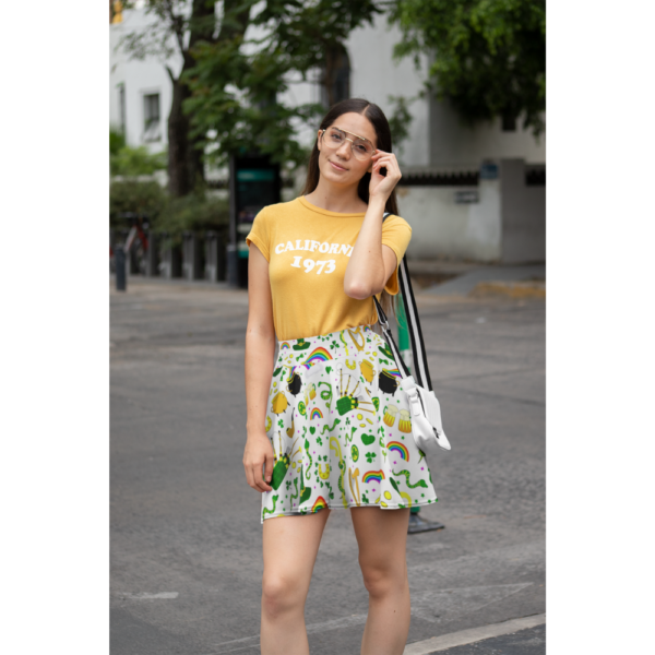 St Patricks Day Skater Skirt, Pot of Gold & Rainbow Pattern, Holiday Apparel, Women's Fashion, Green Skirt, Casual Wear