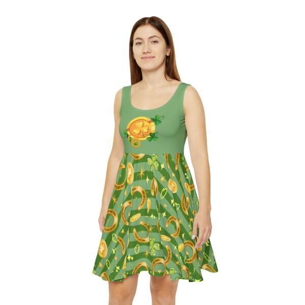 St Patricks Day Skater Dress, Lucky Clover Gold Coin Women's Dress, Shamrock Print Party Outfit, Irish Festival Costume, Green Holiday - Image 6