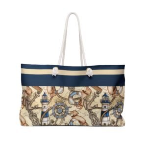 Nautical Pattern Weekender Bag - Beach Travel Duffel, Overnight Tote, Sailor Style Carry-On, Anchor Print Luggage, Sea Theme Vacation Purse