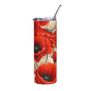 Floral Stainless Steel Tumbler, Red and Cream Coffee Travel Mug, Nature Lover Gift, Botanical Kitchen Decor, Mother's Day Gift