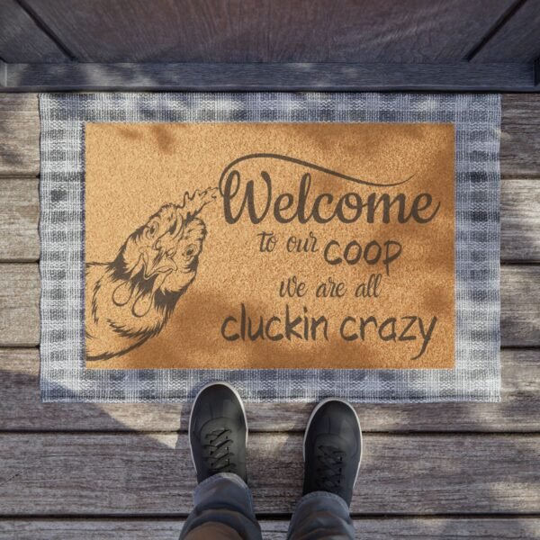 Doormat, Welcome Coop Chicken Farmhouse Home Decor, Housewarming Gift, Entryway Rug, Farm Animal Lover Present, Rustic Front Porch Mat - Image 3