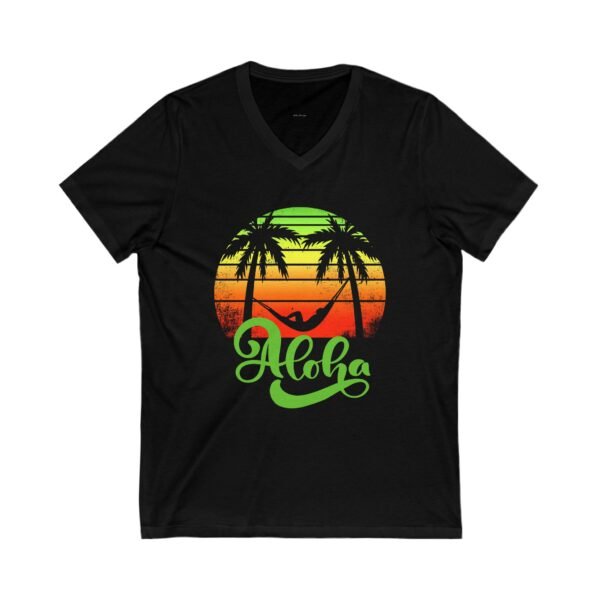Aloha Beach Scene V Neck Women's T-Shirt, Hawaiian Tropical Vacation Tee, Unisex Jersey Short Sleeve V-Neck, Summer Graphic Top, Beach Lover - Image 8