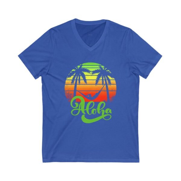 Aloha Beach Scene V Neck Women's T-Shirt, Hawaiian Tropical Vacation Tee, Unisex Jersey Short Sleeve V-Neck, Summer Graphic Top, Beach Lover - Image 10
