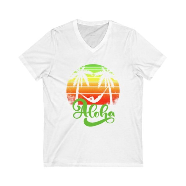 Aloha Beach Scene V Neck Women's T-Shirt, Hawaiian Tropical Vacation Tee, Unisex Jersey Short Sleeve V-Neck, Summer Graphic Top, Beach Lover - Image 4