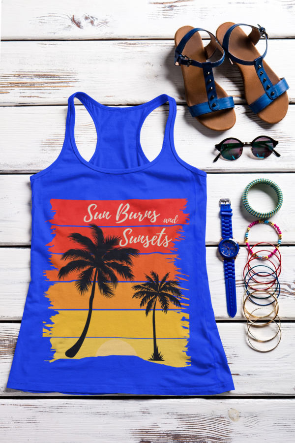 Sunburns and Sunsets Summer Racerback Tank Top, Beach Vacation Tee, Sleeveless Shirt, Women's Graphic Tank, Boho Chic Top - Image 2