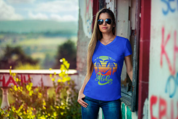 Aloha Beach Scene V Neck Women's T-Shirt, Hawaiian Tropical Vacation Tee, Unisex Jersey Short Sleeve V-Neck, Summer Graphic Top, Beach Lover - Image 2