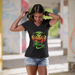 Aloha Beach Scene V Neck Women's T-Shirt, Hawaiian Tropical Vacation Tee, Unisex Jersey Short Sleeve V-Neck, Summer Graphic Top, Beach Lover