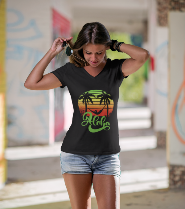 Aloha Beach Scene V Neck Women's T-Shirt, Hawaiian Tropical Vacation Tee, Unisex Jersey Short Sleeve V-Neck, Summer Graphic Top, Beach Lover