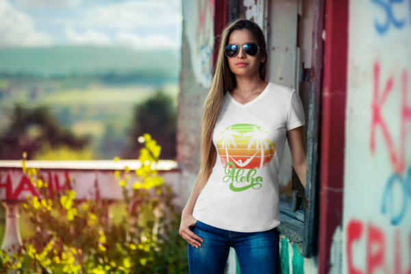Aloha Beach Scene V Neck Women's T-Shirt, Hawaiian Tropical Vacation Tee, Unisex Jersey Short Sleeve V-Neck, Summer Graphic Top, Beach Lover - Image 3
