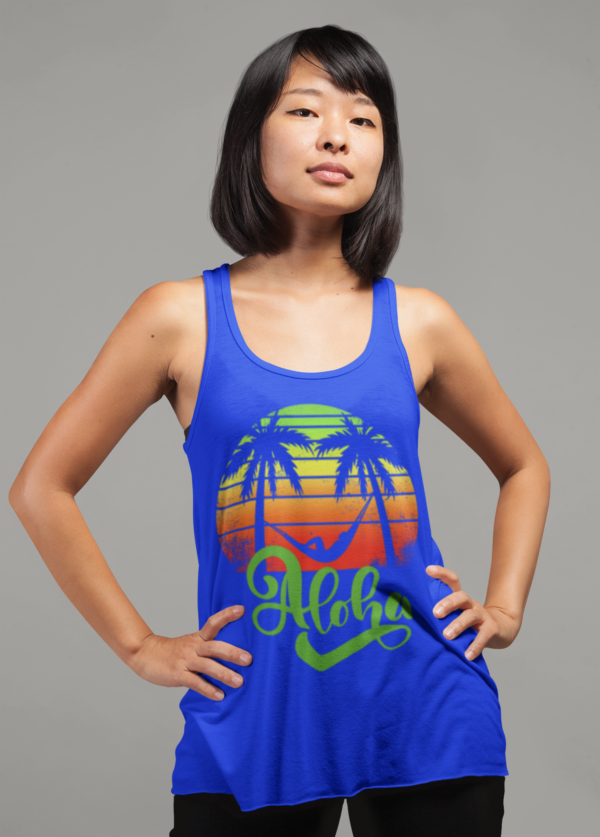 Aloha Summer Beach Tank Top, Women's Flowy Racerback Shirt, Hawaiian Vacation Sleeveless Tee, Surfer Chic Clothing, Tropical Paradise - Image 2