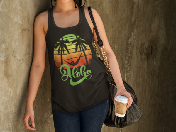 Aloha Summer Beach Tank Top, Women's Flowy Racerback Shirt, Hawaiian Vacation Sleeveless Tee, Surfer Chic Clothing, Tropical Paradise
