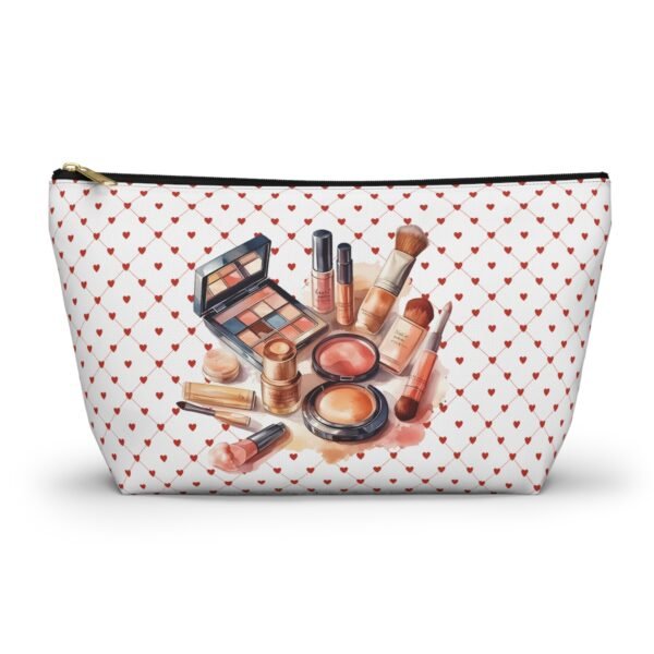 Cosmetic Canvas Bag with Cute Heart and Makeup Pattern, Makeup Travel Pouch, Cosmetic Organizer, Zipper Pouch