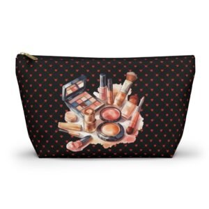 Cosmetic Canvas Bag with Cute Heart and Makeup Pattern, Makeup Travel Pouch, Cosmetic Organizer, Zipper Pouch