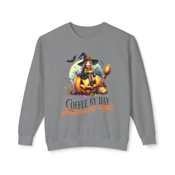 Halloween Witch on Pumpkin Unisex Sweatshirt, Coffee by Day, Potions at Night, Lightweight Crewneck, Comfort Colors, Halloween Shirt, Witch - Image 29