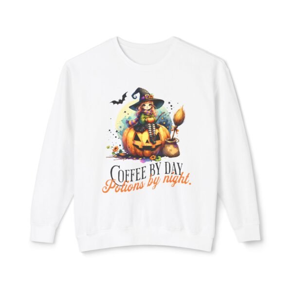 Halloween Witch on Pumpkin Unisex Sweatshirt, Coffee by Day, Potions at Night, Lightweight Crewneck, Comfort Colors, Halloween Shirt, Witch - Image 2