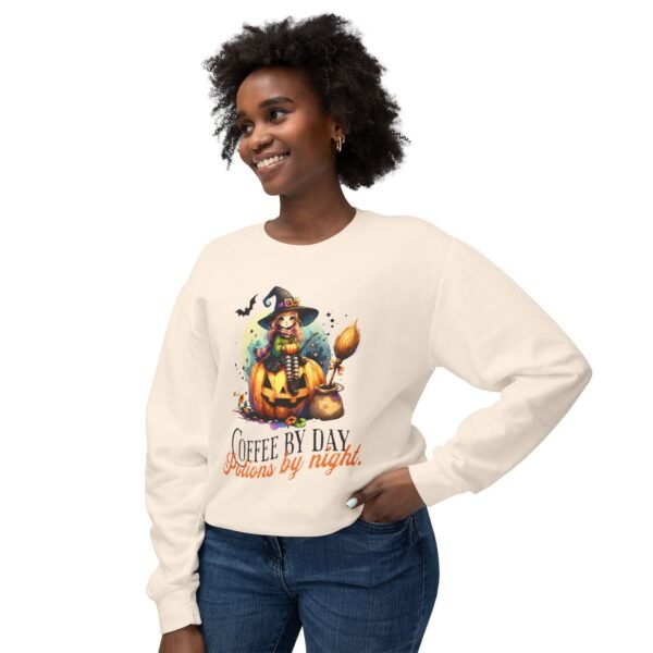 Halloween Witch on Pumpkin Unisex Sweatshirt, Coffee by Day, Potions at Night, Lightweight Crewneck, Comfort Colors, Halloween Shirt, Witch - Image 7