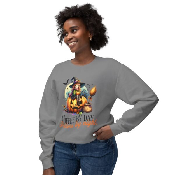 Halloween Witch on Pumpkin Unisex Sweatshirt, Coffee by Day, Potions at Night, Lightweight Crewneck, Comfort Colors, Halloween Shirt, Witch - Image 31