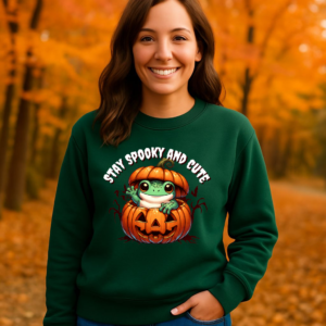 Cute Spooky Frog Jack-O-Lantern Sweatshirt, Halloween Graphic Crewneck, Unisex Jumper Gift, Funny Fall Apparel, Stay Cute Sweater