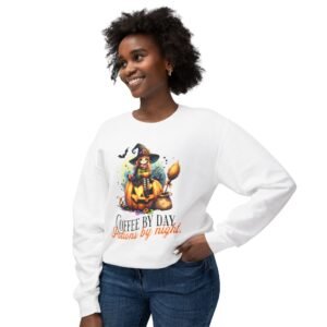 Halloween Witch on Pumpkin Unisex Sweatshirt, Coffee by Day, Potions at Night, Lightweight Crewneck, Comfort Colors, Halloween Shirt, Witch