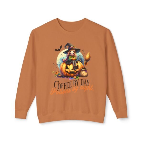 Halloween Witch on Pumpkin Unisex Sweatshirt, Coffee by Day, Potions at Night, Lightweight Crewneck, Comfort Colors, Halloween Shirt, Witch - Image 13
